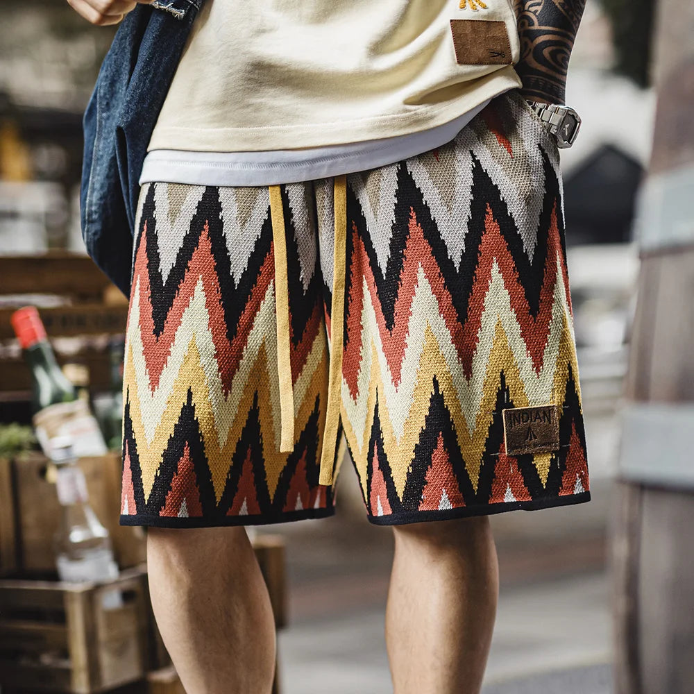 Maden Vintage Navajo Print Shorts Men's Summer Heavyweight Hawaiian Elastic Waist Shorts Woven Beach Vacation Casual Pants