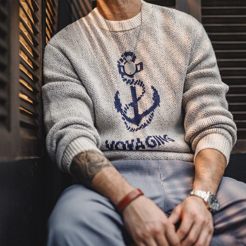Maden Retro Knitted Printed Sweater Versatile Warm Ribbed Round Neck Pullover for Men's Autumn and Winter Base Layer Tops