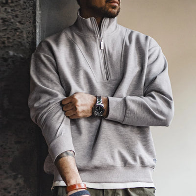 Maden Men's Spring and Autumn Casual Gray Pullover Sweatshirt Patchwork Standing Collar Sweatshirts Metal Zipper Top Clothing