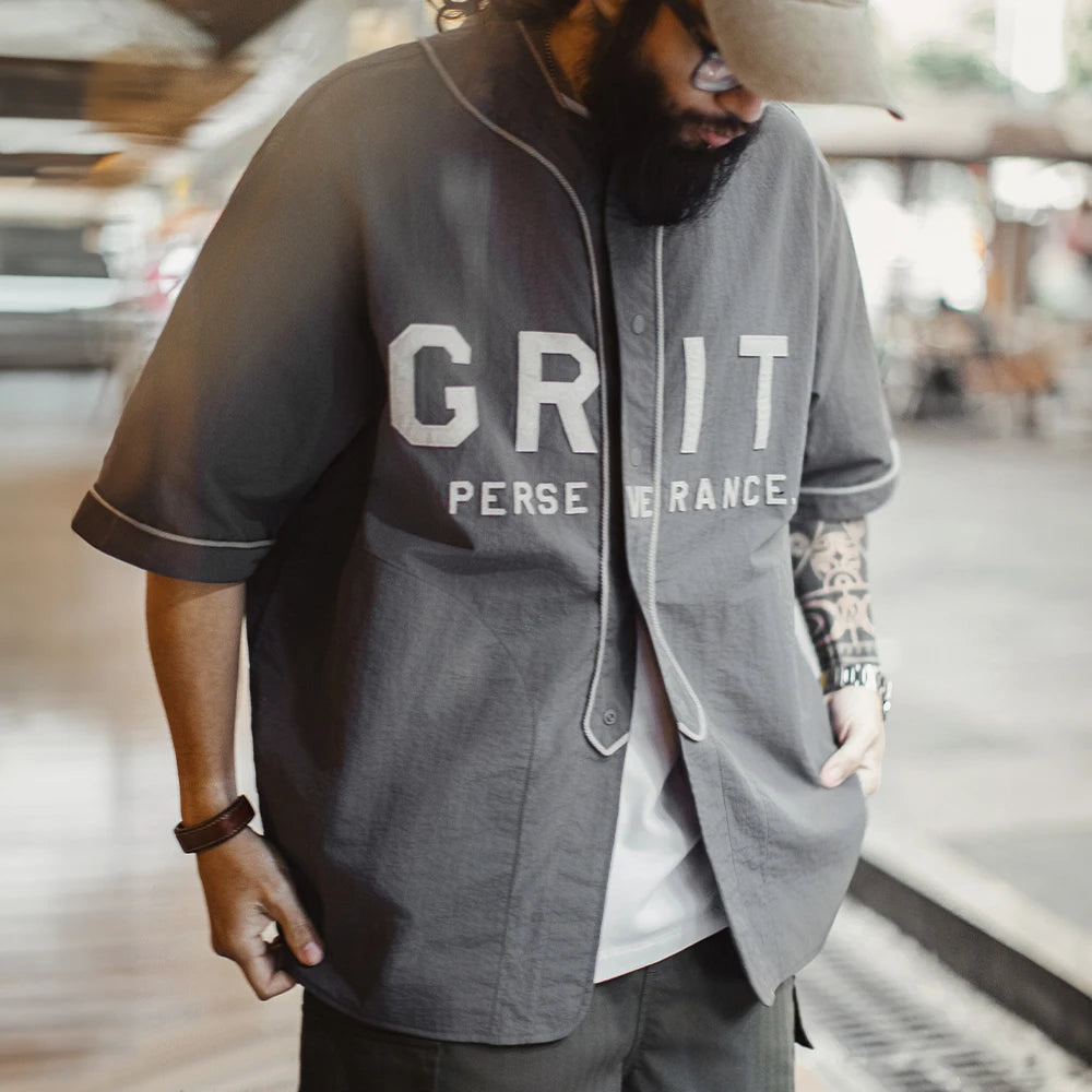 Maden Casual Grey Short Sleeve Baseball Shirt Men Summer Lightweight  Color-Block Letter Shirt Loose Fit Single Breasted Blouse