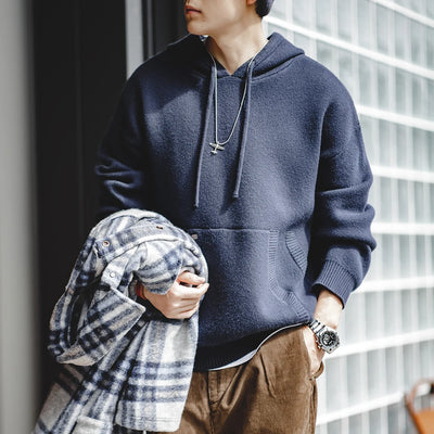 Maden Navy Blue Knitted Hoodie Heavyweight Hooded Knit Pullover Casual Men's Blended Sweater Thickened Outwear Cityboy Workwear