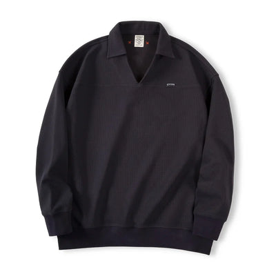 Maden Waffle V-neck Polo Shirt for Men Soft and Skin-friendly Sweatshirt Autumn Loose-fit Versatile Pullovers Solid Lapel Tops