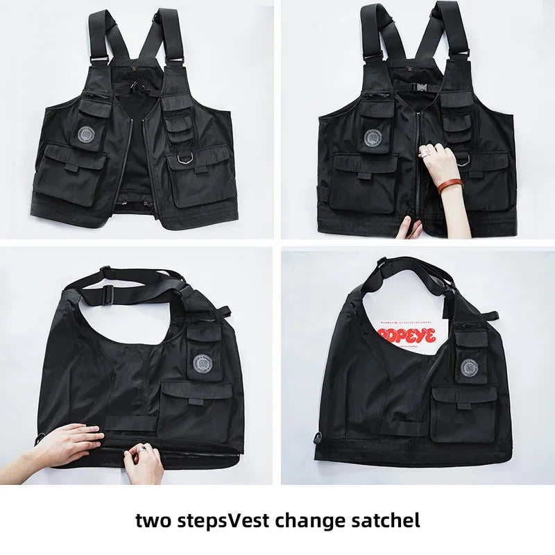 Maden Men Multi-pocket Tactical Vest Jacket & Bag Japan Retro Multi-function Photography Waistcoat Wide Shoulder Strap Solid Bag