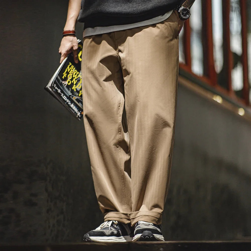 Maden Herringbone Easypants Casual Pants Cleanfit Straight Tapered Solid Color Elastic Waistband Pocket Design Long Pants