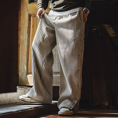 Maden Retro Fall Corduroy Snap-up Sweatpants Loose Elastic Waist Sports Casual Straight-leg Pants for Men's Winter Warm Trousers
