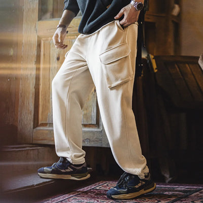 Maden Retro Multi-pocket Straight Sweatpants with Elastic Waist Drawstring Cuffed Sports Casual Pants for Men's Fall Trousers