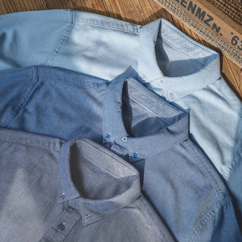 Maden Vintage Brushed Long-sleeve Shirts for Men Light Blue Cotton Turn-down Collar Oxford Shirt Male Casual Outerwear Shirts