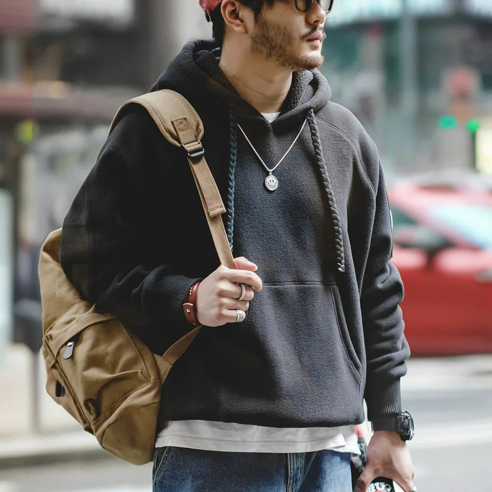 Maden 2024 Autumn Winter Casual Heavyweight Hoodie Men's Black Versatile Thickened Fleece Pullover Loose Warm Hooded Sweatshirt
