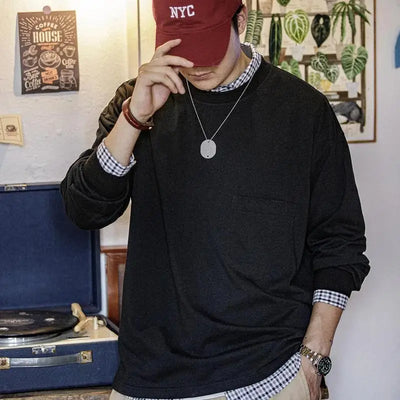 Maden Casual Solid Color with Pocket Design Long-sleeved T-shirt Round Neck Cityboy Loose Cotton Inner Layering Shirt for Men