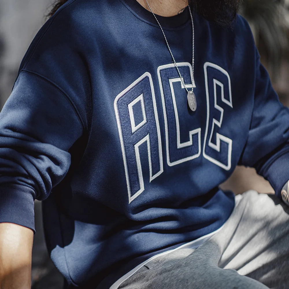 Maden Casual Hoodie with Letter Embroidery Fleece Lining Collegiate Style Sweatshirt Thick Warm Round Neck Tops for Men's Fall