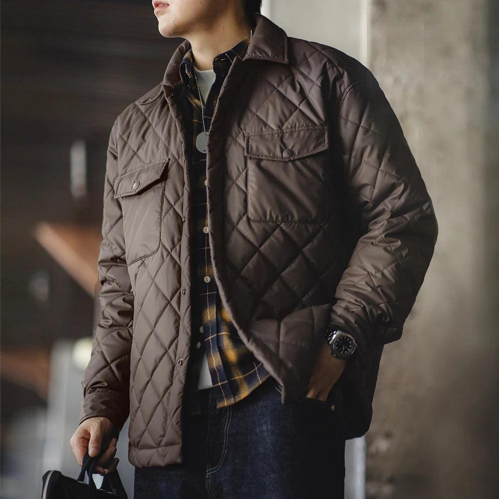 Maden Retro Quilted Diamond Grid Jacket Loose Fit Cotton-padded Coat Collar Warm Versatile Men's Outerwear for Autumn and Winter