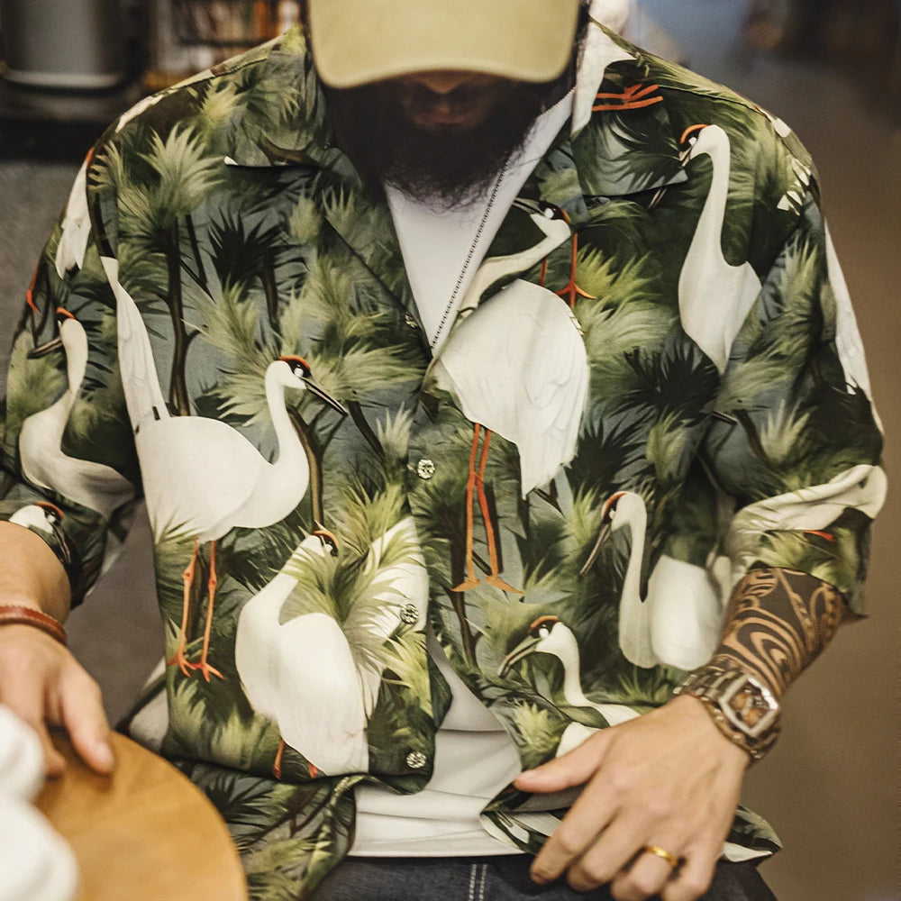 Maden Retro Crane Print Hawaiian Shirt Men's Summer Breathable Short Sleeve Collar Shirt Casual Single-breasted Vacation Blouse