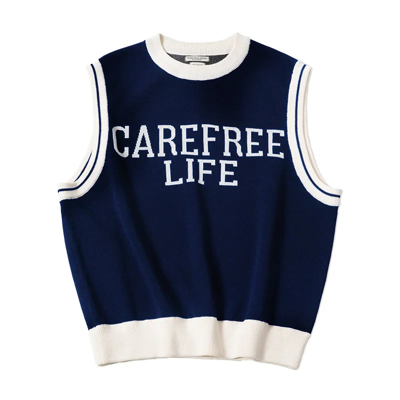 Maden Round-neck Casual Knitted Vest for Men Academy Style Spring and Autumn Streetwear Sleeveless Vest Letter Printed Pullover