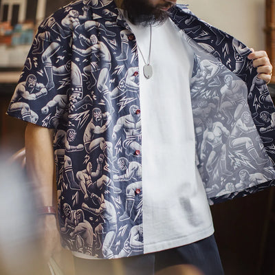 Maden Vintage Printed Cuban Collar Short Sleeve Shirt Men's Summer Hawaiian Style Vacation Shirt Loose Single-breasted Blouse