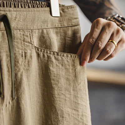 Maden Men's Vintage Chino Pants Lightweight Linen-Blend Trousers with Elastic Waist Casual Khaki Baker Pants for Summer and Fall