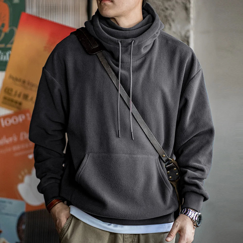 Maden Casual Polar Fleece Hooded Sweatshirt Solid Color Windproof Pullover with Face Mask Warm Tops for Men's Fall and Winter