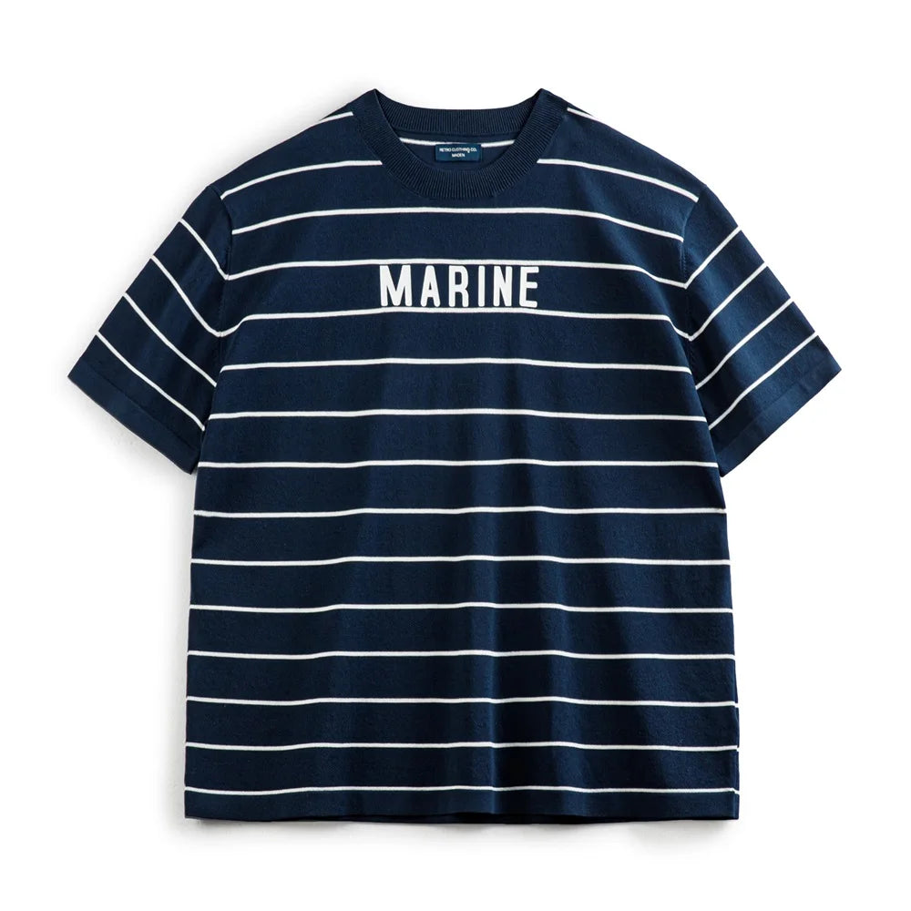 Maden Retro Contrast Striped Short-sleeved T-shirt with Letter Printed Breathable Shirt for Men's Summer Large Size Tops