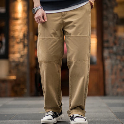 Maden Vintage Lumberjack Pants with Double Knee Pockets Straight Casual Khaki Elastic Waist Long Pants for Men's Spring Bottoms