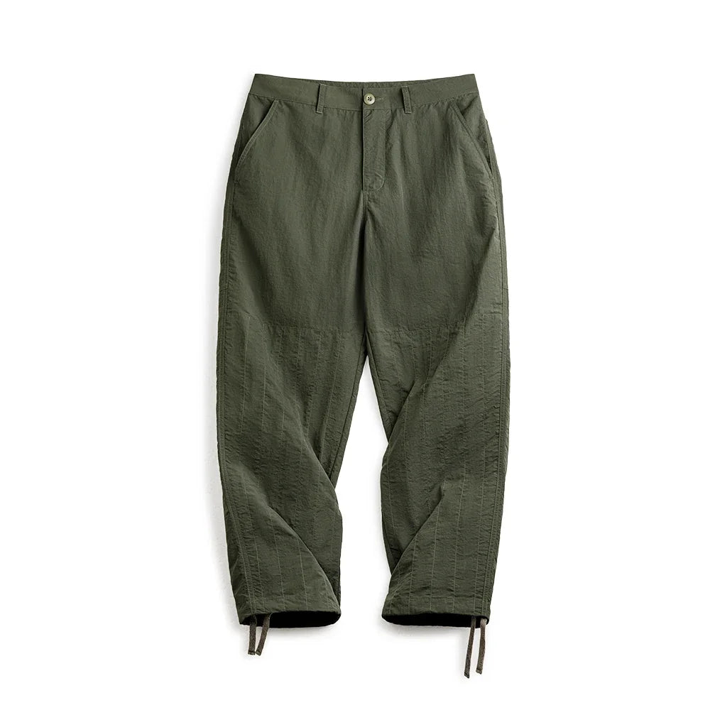 Maden Retro Thin Pants with No Elastic Waist and Braided Hemp Rope Elastic Leg Design Pants Green Straight Casual Pants for Men