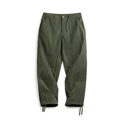 Maden Retro Thin Pants with No Elastic Waist and Braided Hemp Rope Elastic Leg Design Pants Green Straight Casual Pants for Men