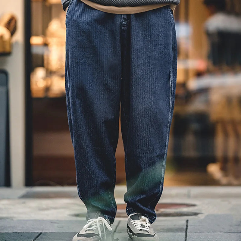 Maden Tapered Denim Jeans for Men Mid-waist Loose-fit Harem Pants Autumn Leisure Streetwear Blue Jeans YKK Metal Zippers
