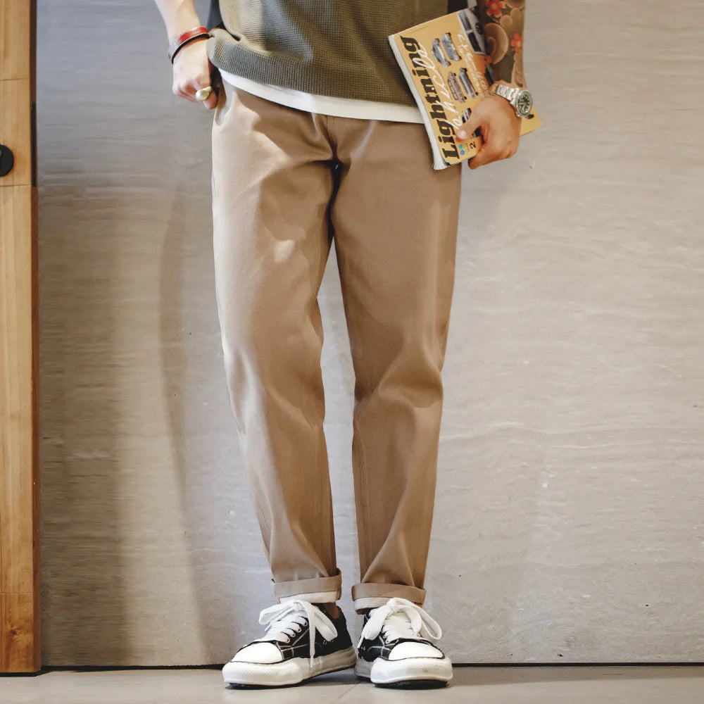 Maden Men Khaki Raw Jeans 11.7OZ Redline Selvedge Denim Jeans Amekaji Straight Pants Male Casual Trousers Hombre Solid Pants