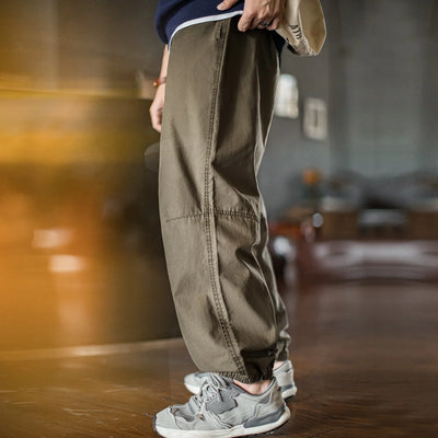 Maden Men's Vintage Aged Trousers Drawstring Elastic Waist Cotton Casual Pants Loose Fit Cuffed with Plaid Pocket Spring Fall