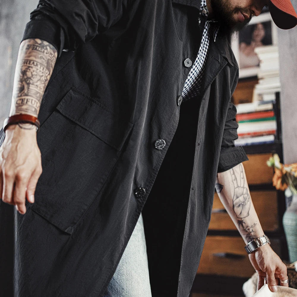 Maden Men's Black Balmacaan Coat Single-Breasted Collar Mid-Length Windproof Overcoat for Spring and Fall Commuter Trench Coat