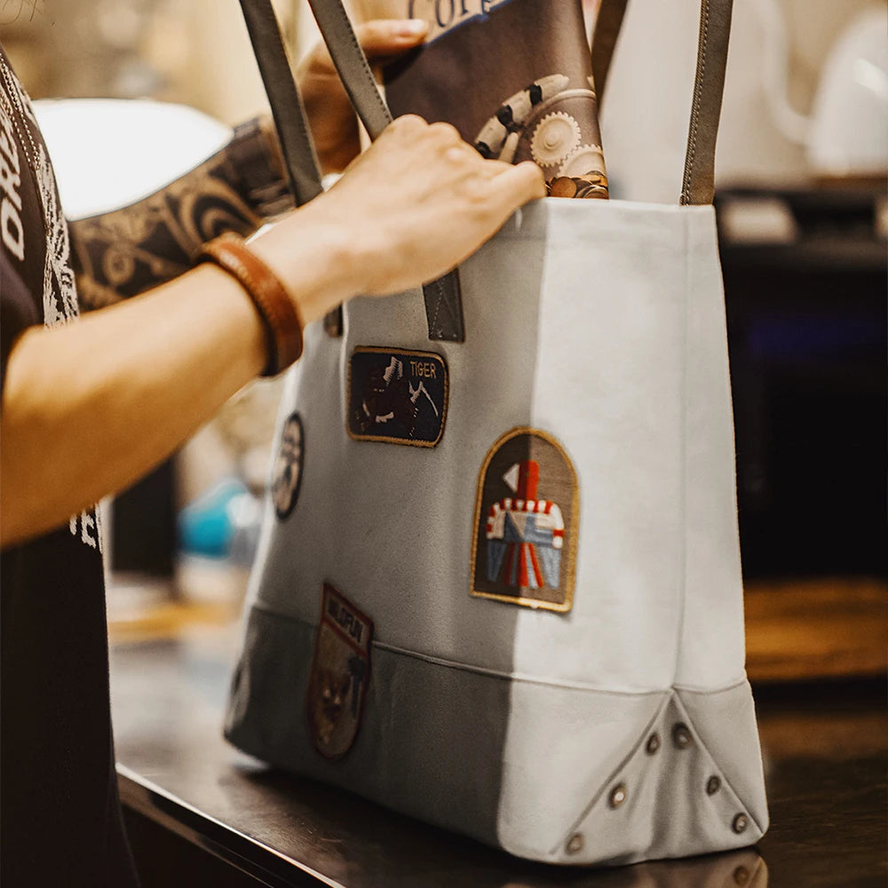Maden New Vintage Embroidered Tote Bags Large-capacity Patchwork Handbag Versatile Single - shoulder Unisex Style White Bags