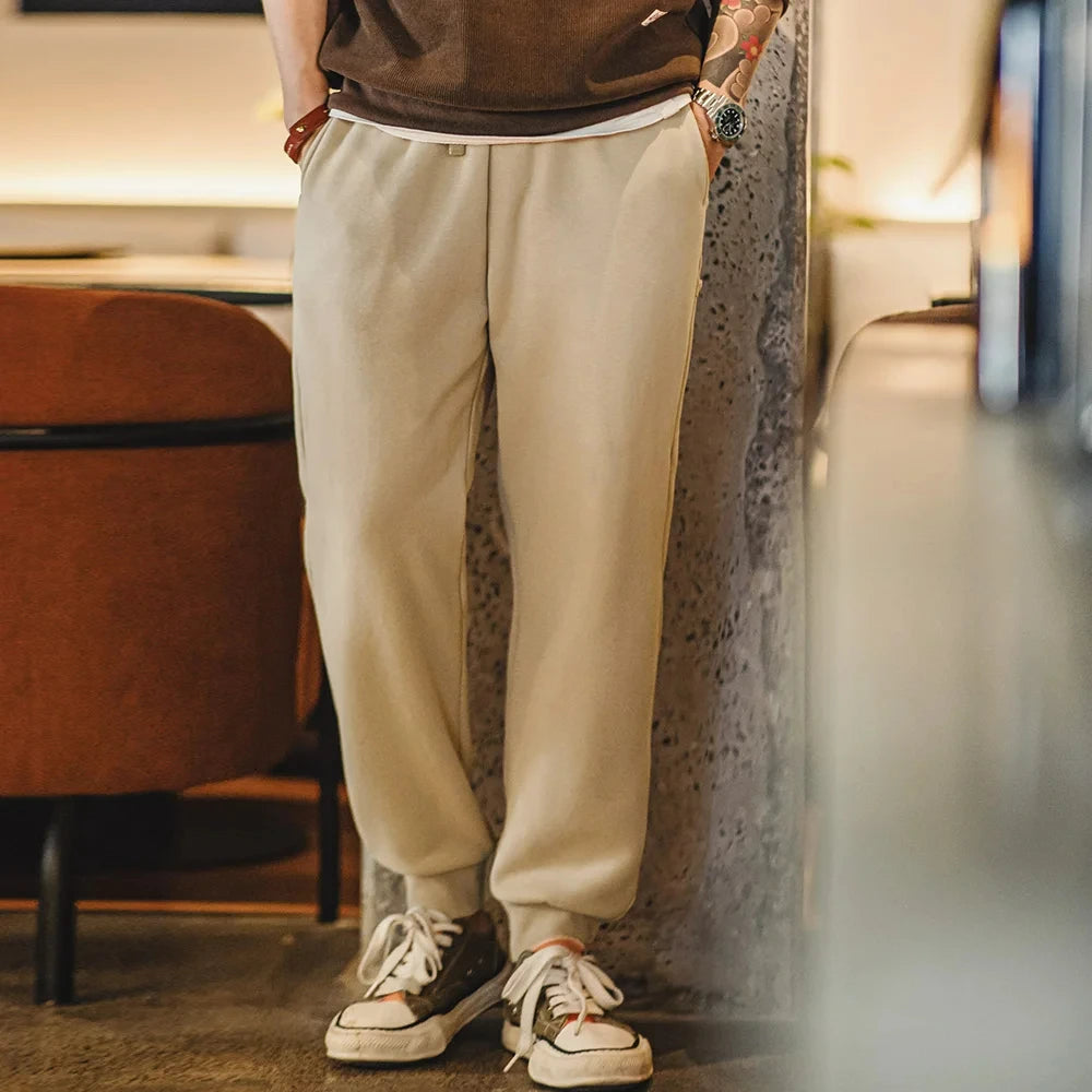 Maden Autumn and Winter Thickened Polar Fleece Sweatpants for Men Soft and Comfortable Pants Adjustable Woven Belt Totem Buttons