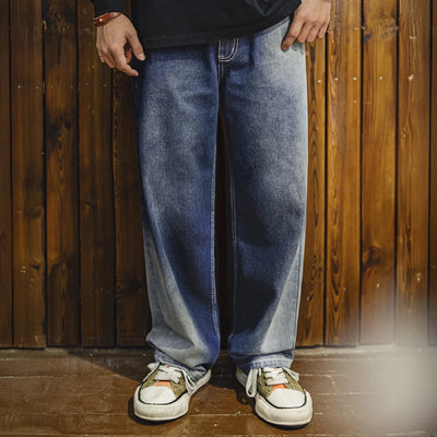 Maden Men's Washed Gradient Blue Jeans Cleanfit Straight-Leg Twill Denim Pants Zip Fly Casual Trousers for Spring Autumn