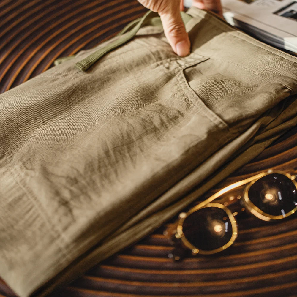 Maden Men's Vintage Chino Pants Lightweight Linen-Blend Trousers with Elastic Waist Casual Khaki Baker Pants for Summer and Fall