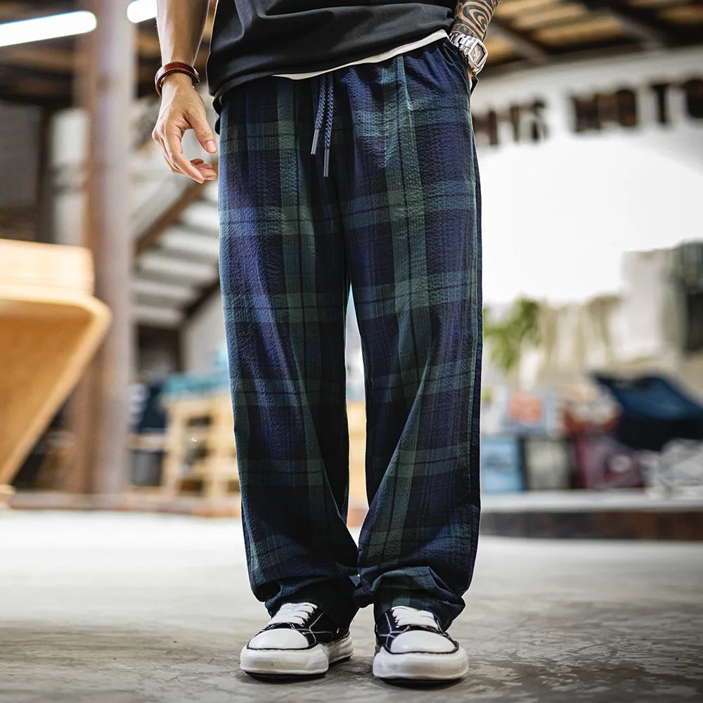 Maden Men's Vintage Tartan Trousers Lightweight Seersucker Pants with Elastic Waist Classic Casual Pants for Summer and Fall