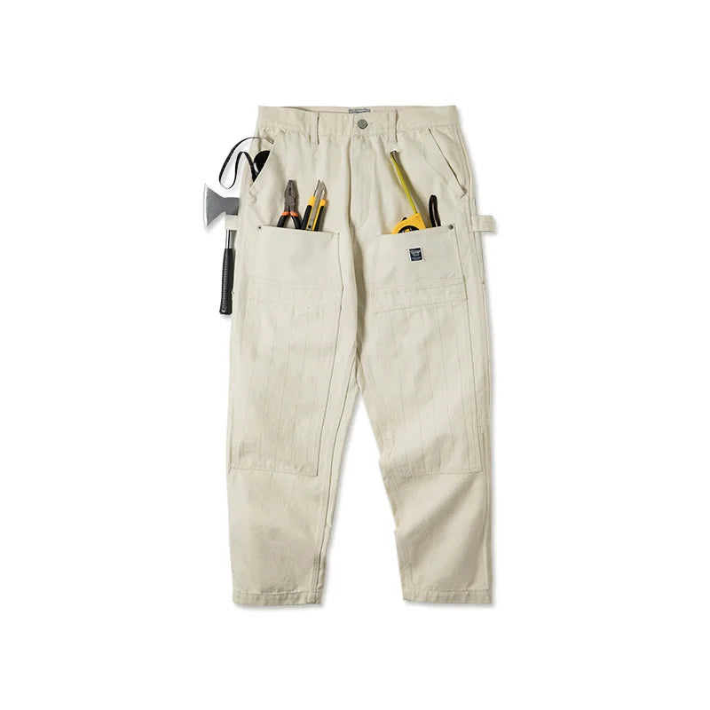 Maden Workwear American Retro Distressed Loose Off White Jeans Washed Straight Multi Pocket Woodcutter Pants Men