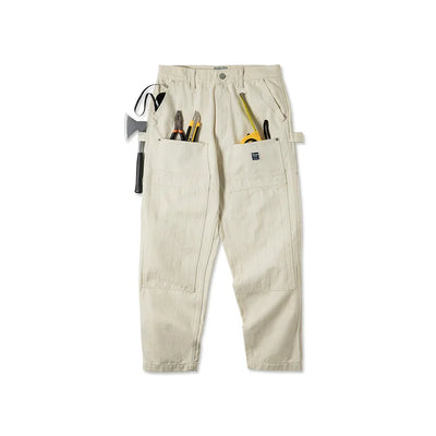 Maden Workwear American Retro Distressed Loose Off White Jeans Washed Straight Multi Pocket Woodcutter Pants Men