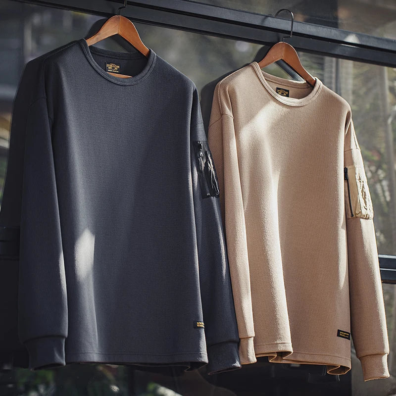 Maden Workwear Mountain Outdoor MA1 Waffle Sweatshirt Functional Wind Drape Versatile Round Neck Long-sleeved T-shirt Men