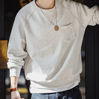 Maden Vintage Heavyweight Round Neck Fleece-lined Hoodie Casual Sporty Thickened Warm Top for Men's Fall and Winter Sweatshirt