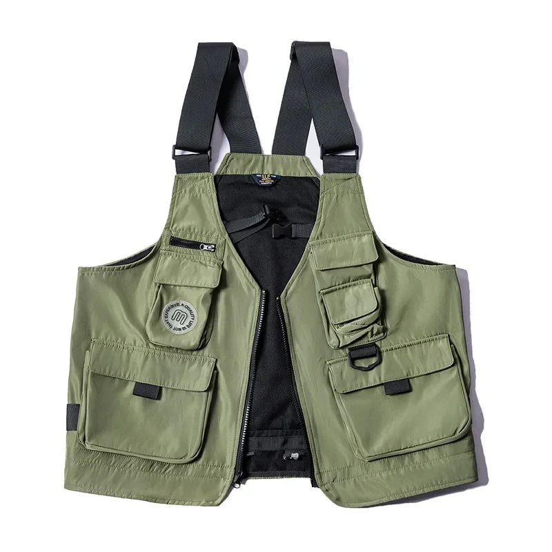 Maden Men Multi-pocket Tactical Vest Jacket & Bag Japan Retro Multi-function Photography Waistcoat Wide Shoulder Strap Solid Bag