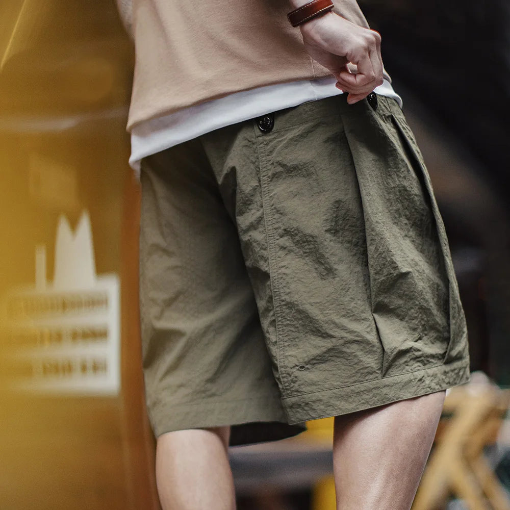 Maden Casual Green Pocket Shorts Men's Summer Lightweight Woven Straight Leg Shorts Elastic Waist Retro Street Versatile Bottoms