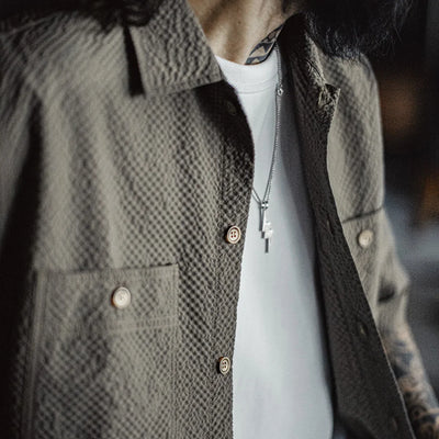 Maden Casual Seersucker Short Sleeve Shirt Men's Summer Breathable Lightweight Single-breasted Shirt Lapel Gray Street Blouse