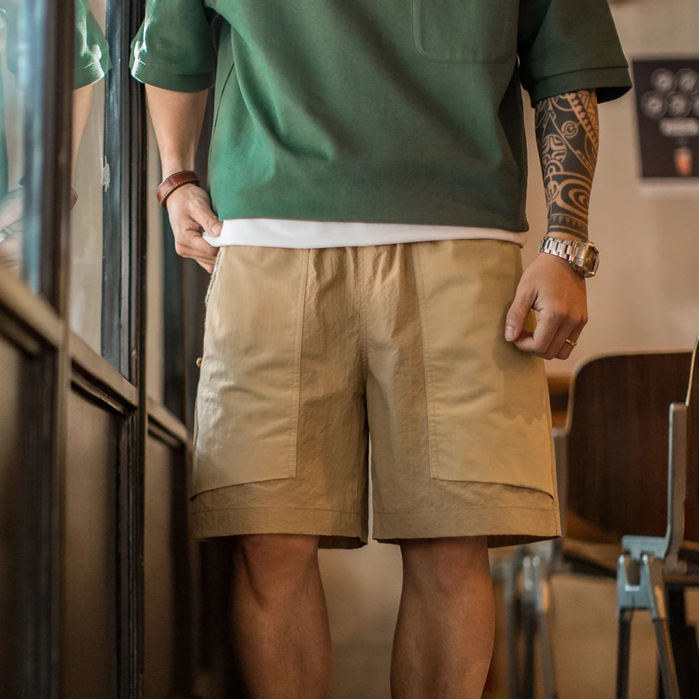Maden Outdoor Quick-Dry Khaki Cargo Shorts Men's Summer Lightweight Woven Straight Leg Beach Pants Elastic Waist Pocket Shorts