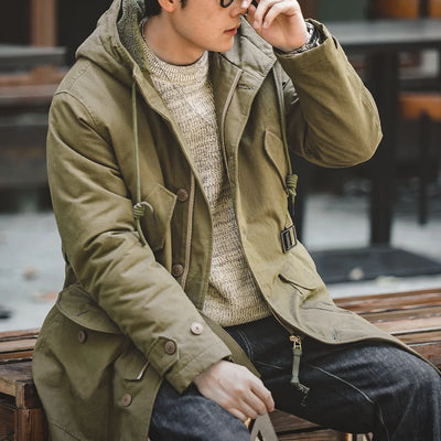 Maden Heavyweight M47 Parka for Men Mid-length Thickened Hooded Coat Adjustable Cuffs Winter Warm Fleece-lined Cotton Jacket