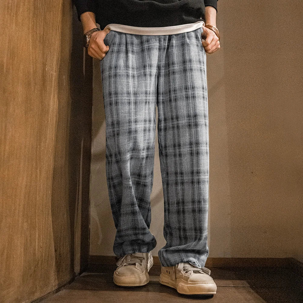 Maden Vintage Checkered Cargo Pants Men's Spring Lightweight Loose Fit Drawstring Waist Straight Trousers Casual Wide Leg Pants