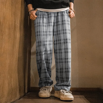 Maden Vintage Loose Fit Checkered Cargo Pants Men's Spring Lightweight Drawstring Waist Straight Trousers Casual Wide Leg Pants