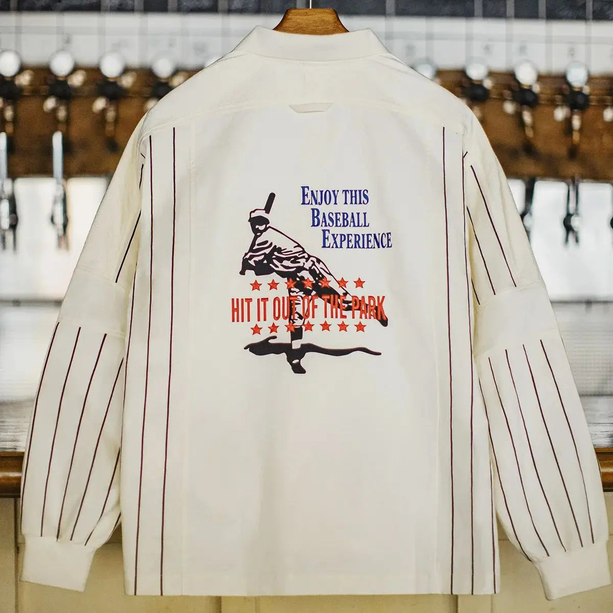 Maden Vintage Men's Baseball Print Polo Letter Embroidered Long Sleeve Shirt Cotton Beige Pullover for Spring and Fall Hoodie