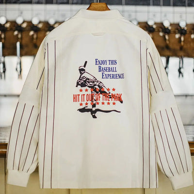 Maden Vintage Men's Baseball Print Polo Letter Embroidered Long Sleeve Shirt Cotton Beige Pullover for Spring and Fall Hoodie