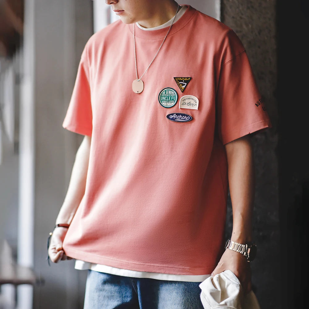 Maden New Casual Embroidered Badge Design Short-sleeved T-shirt with Pure Cotton Round Neck Tee for Men's Summer Tops