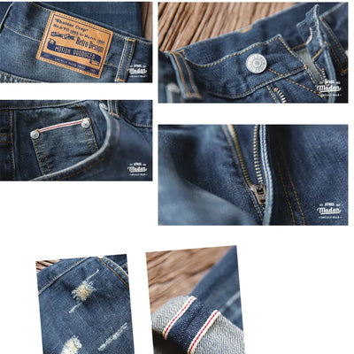 Maden Workwear Men's Retro Torn Hole Washed Red Ear Jeans Slim Fitting Small Leg Straight Leg Autumn Cropped Pants