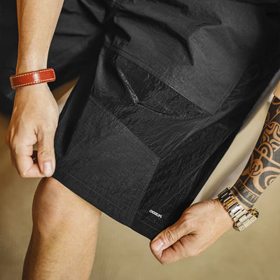 Maden Outdoor Patchwork Black Shorts Men's Lightweight Quick-Dry Breathable Shorts with Elastic Waist Straight Leg Sport Pants