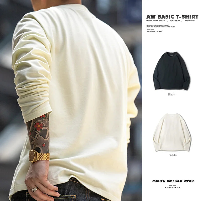 Maden Basic Long Sleeve Cotton T-shirt for Men Beige Round Collar Bottom Shirts Spring and Autumn Inner Sweatshirt Men's T-shirt